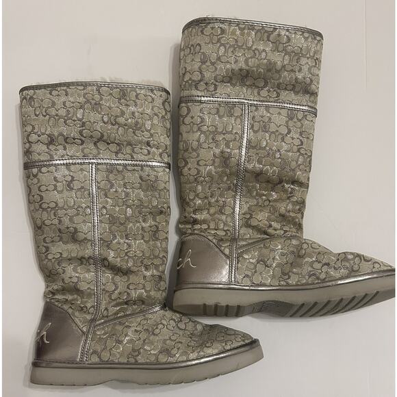 Coach Women’s Size 6B Boots Logo Silver Nikole Mid Calf Shearling Signature - Picture 13 of 16
